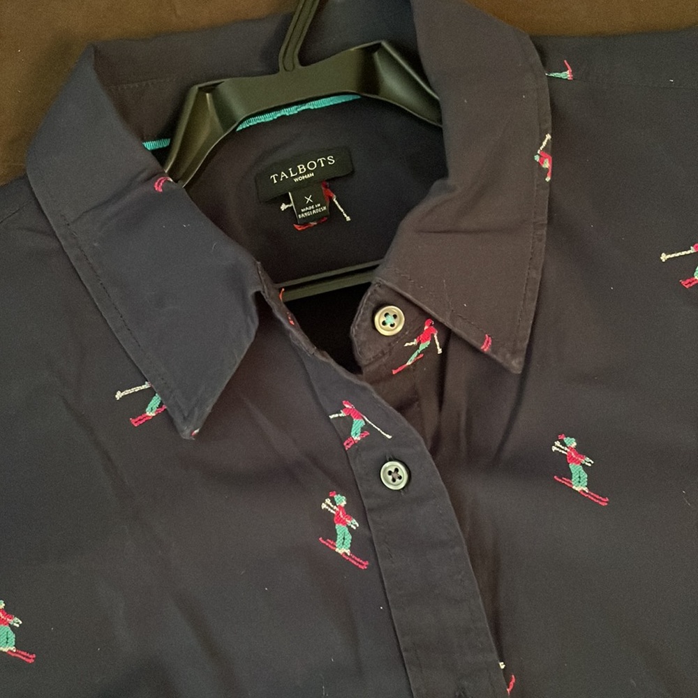 Navy button down with monogrammed skiers